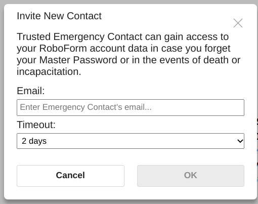 Roboform's invitation to created a new trusted emergency contact.