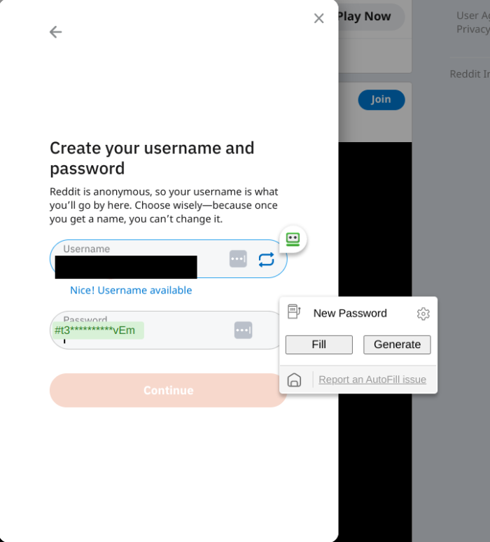 Roboform autofilling an email and generating a password for a new Reddit account.
