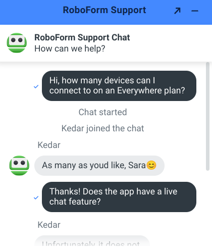 Roboform's live chat support feature.