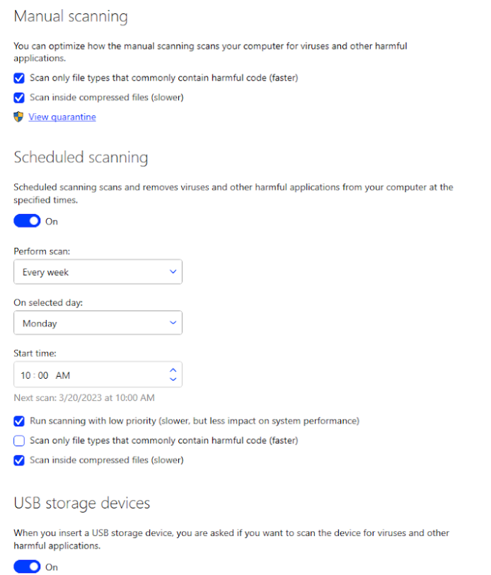 F-Secure Antivirus options for manual scanning and scheduled scanning.