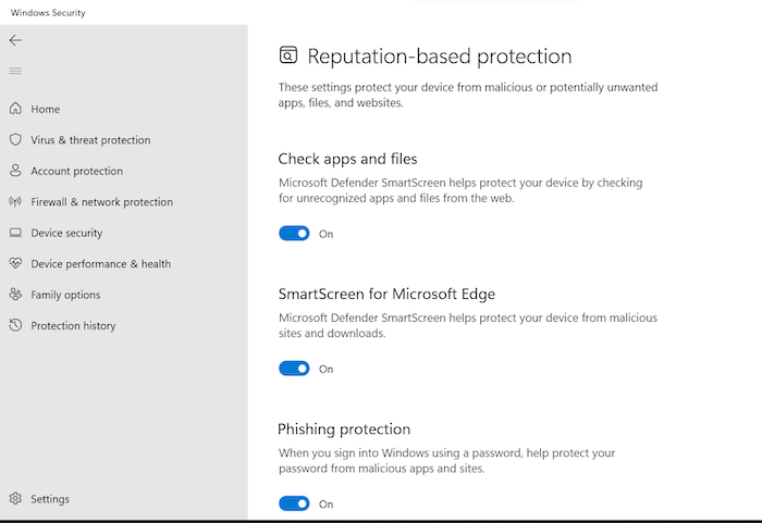 Turning reputation-based protection on in Windows Security can help protect you against potentially unwanted apps (PUA).