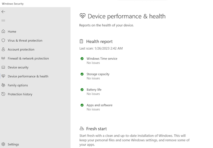 You can also check your device health within the Windows Security app to spot any issues with software.