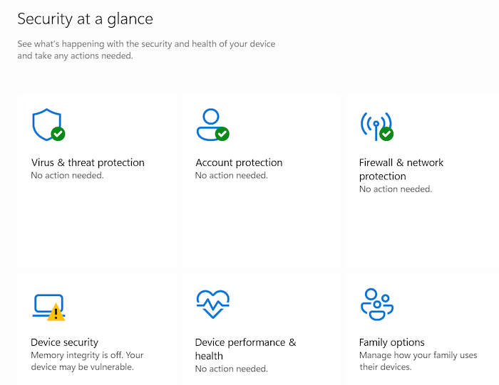 The Windows Security app in Windows 10 or 11 includes an overview of your device health and security.