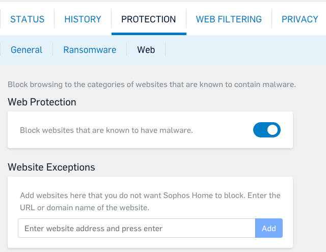 With Sophos, you can also set up website exceptions and toggle its web protection to block websites that are known for malware.