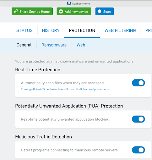 The real-time protection feature built into Sophos antivirus automatically scans files when you access them.