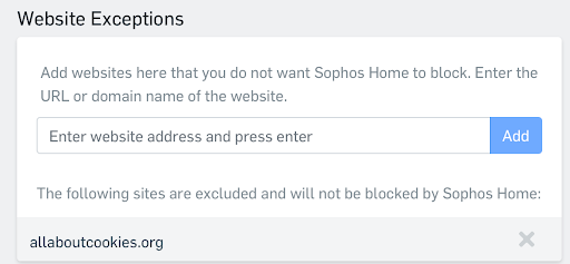 Sophos allows you to set exceptions for certain websites so they aren't blocked while you browse.
