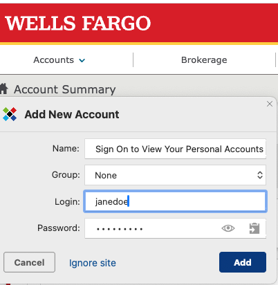 The Wells Fargo new account page with a Sticky Password pop-up saving the information.