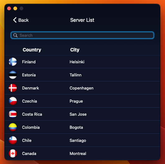 Screenshot of server list
