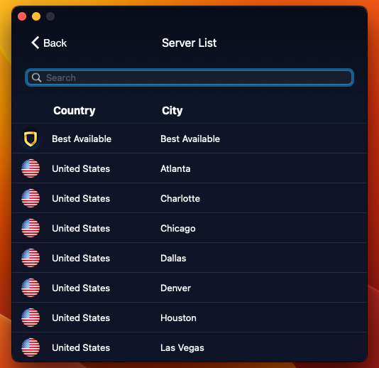 Screenshot of server list