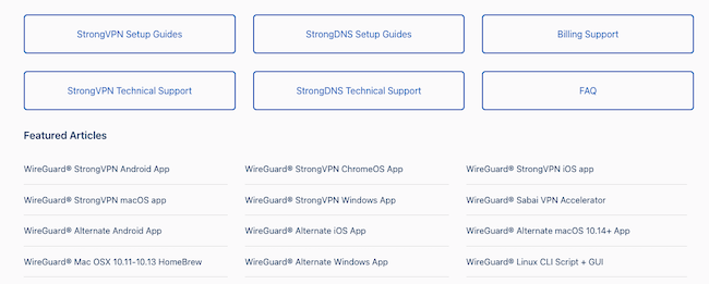 Screenshot of StrongVPN support section