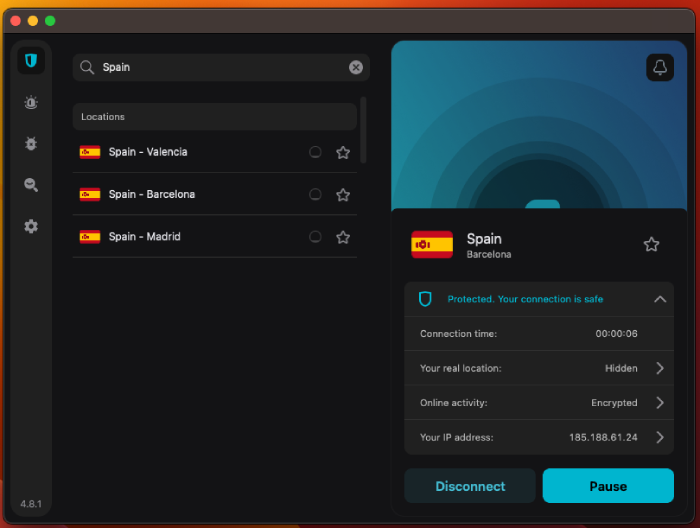 Surfshark's dashboard showing its VPN server list of locations in Spain.