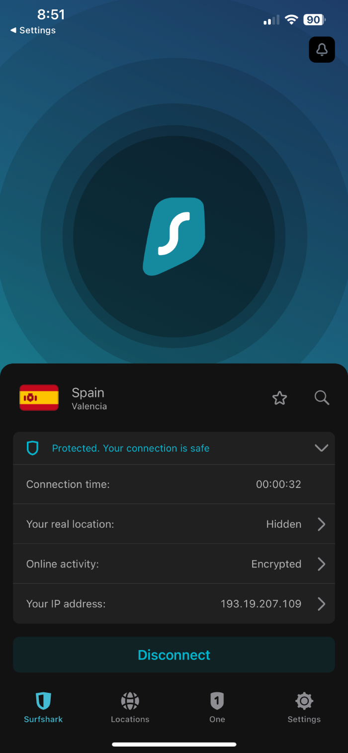 Surfshark mobile app connected to a server in Spain.