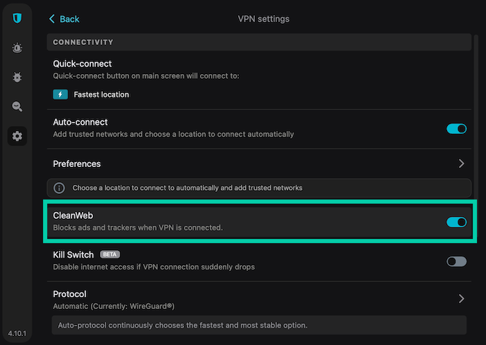 CleanWeb hides in the Surfshark VPN settings — we wish it was more obvious when this was toggled on or off.