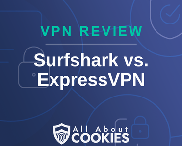 A blue background with images of locks and shields with the text &quot;Surfshark vs. ExpressVPN&quot; and the All About Cookies logo. 