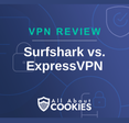 A blue background with images of locks and shields with the text &quot;Surfshark vs. ExpressVPN&quot; and the All About Cookies logo. 