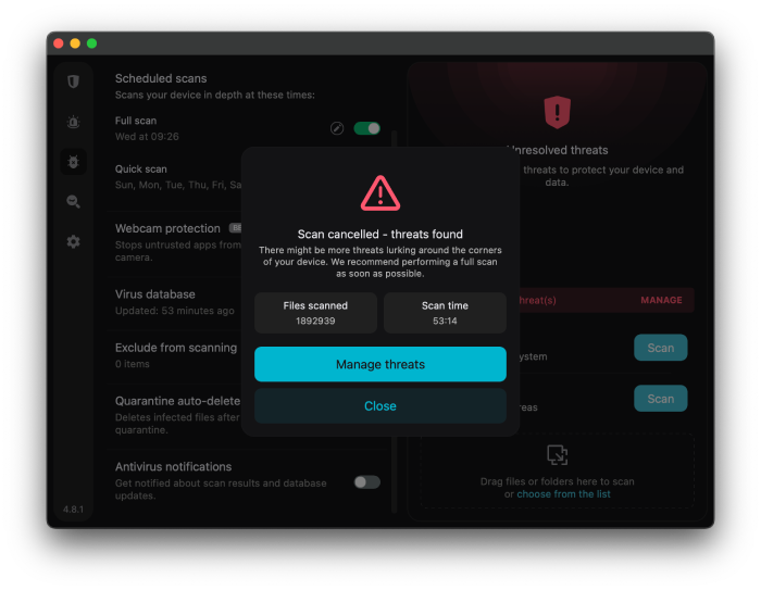 Surfshark Antivirus pop-up indicating that the scan was cancelled and threats were found. 