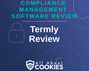 A blue background with images of locks and shields with the text &quot;Termly Review&quot; and the All About Cookies logo. 