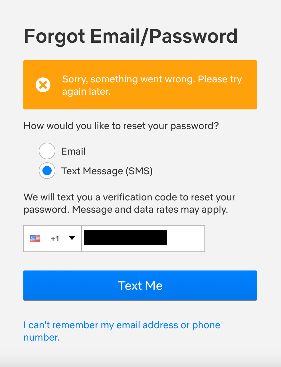 Netflix's Forgot Email/Password page with a prompt to enter your phone number to reset your password.