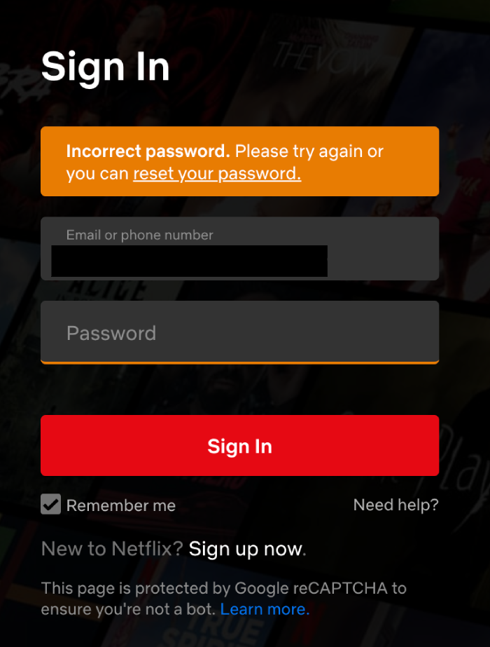 An error message on the Netflix sign in page indicating that the password is incorrect.