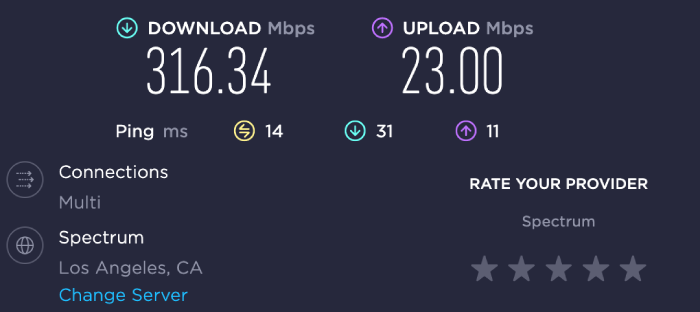 Speed test results with VPN turned off.