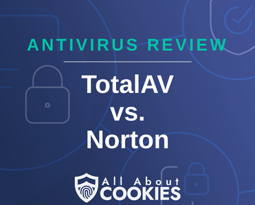 A blue background with images of locks and shields with the text &quot;TotalAV vs. Norton&quot; and the All About Cookies logo. 