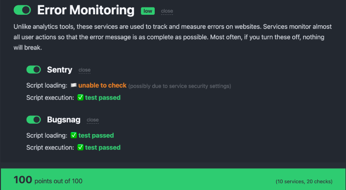 Total Adblock's AdBlock Tester Error Monitoring results and it's 100/100 final score.