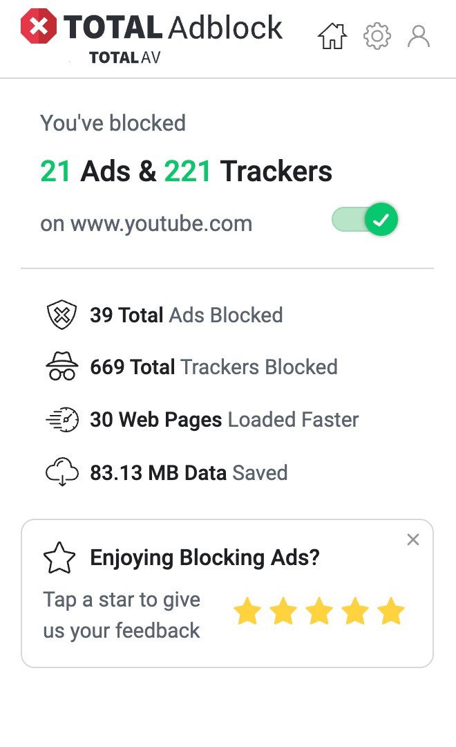 Total Adblock's dropdown browser extension with statistics on total ads blocked, trackers blocked, load times and data saved.