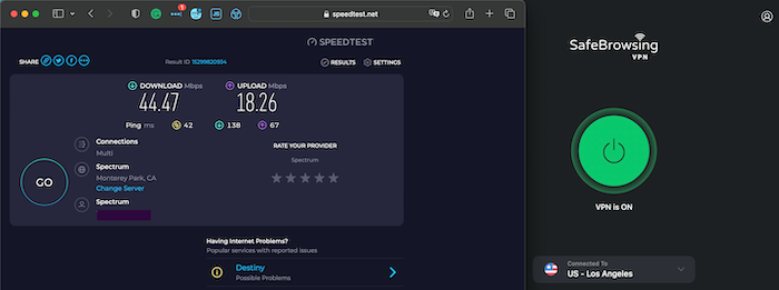 Our internet speed test with Total VPN turned on showed only a slight drop in speed.