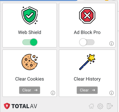 The TotalAV Adblocker comes with several features including a Web Shield, Ad Block Pro, Clear Cookies, and Clear History.