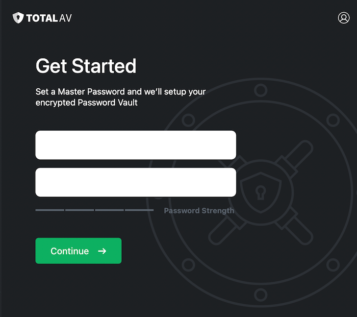 Setting up the TotalAV Password Vault requires you to set up a master password.