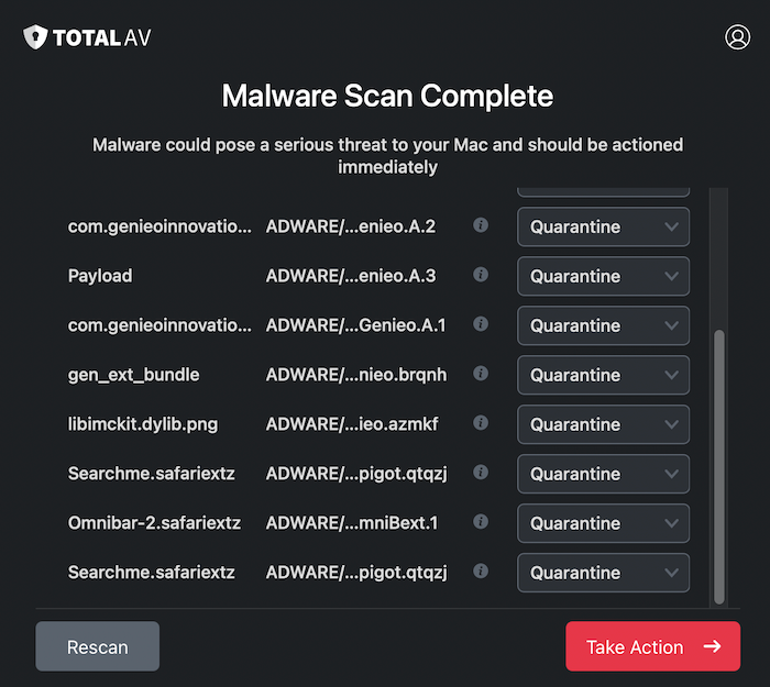 Once your TotalAV malware scan is complete, you can choose to bulk quarantine or delete any malware it finds.