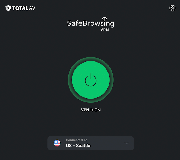 We used the built-in TotalAV SafeBrowsing VPN to connect to a US server in Seattle.