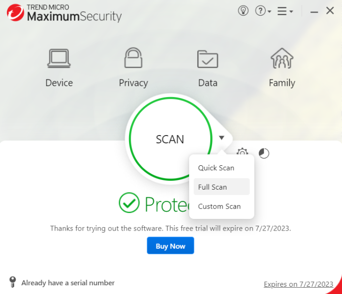 Trend Micro's dashboard with options for a quick scan, a full scan, and a custom scan.