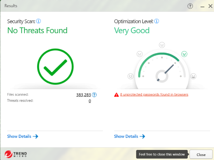 Trend Micro's security scan results and optimization level results.