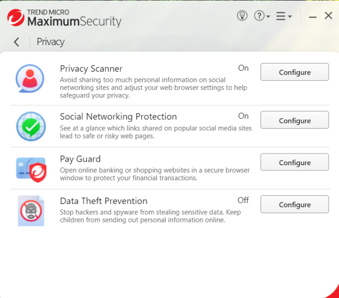 Trend Micro's Maximum Security suite, which lists a privacy scanner, social networking protection, pay guard, and data theft protection.