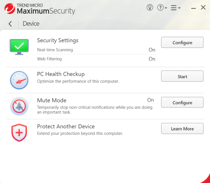 Trend Micro's Maximum Security suite, which lists device eaters like security settings, PC health checkup, mute mode, and an option to protect another device.