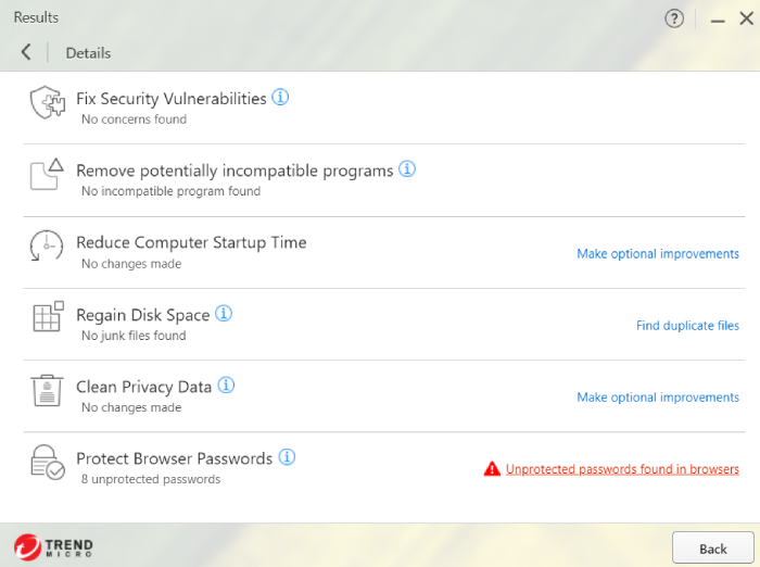 Trend Micro details page with settings to fix security vulnerabilities, remove potentially incompatible programs, reduce computer startup time, regain disk space, clean privacy data, and protect browser passwords.