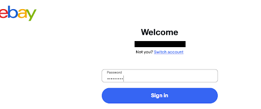 eBay login page with an autofilled password.