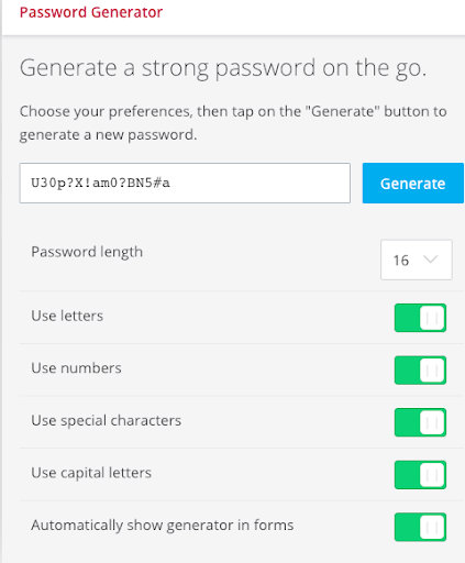 McAfee True Key password generator with customization toggles.
