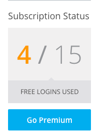 McAfee True Key subscription status indicating the number of free logins used with a button to Go Premium.