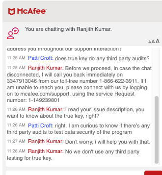A conversation with McAfee support regarding True Key's lack of third party audits.