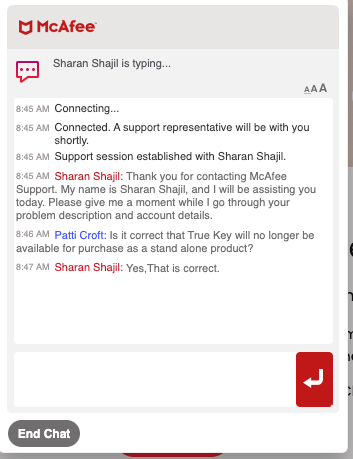 A conversation with McAfee support regarding True Key no longer being sold as a standalone product.