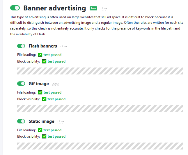 uBlock Origin's AdBlock Tester results for banner advertising.