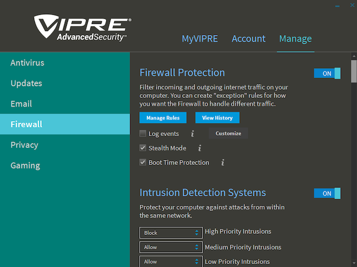 Vipre comes with a Windows-only firewall with lots of configurations like Boot Time Protection, Stealth Mode, and Intrusion Detection System.