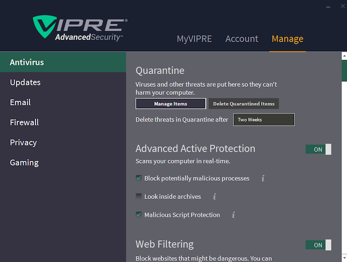 Vipre's real-time protection is called Advanced Active Protection, which scans your device in real time for malicious scripts and processes.