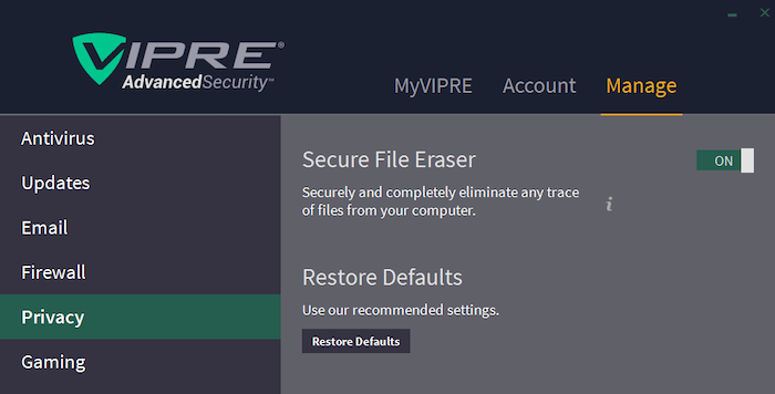 Vipre comes with a secure file eraser to ensure no one can steal data you thought you already removed from your device.