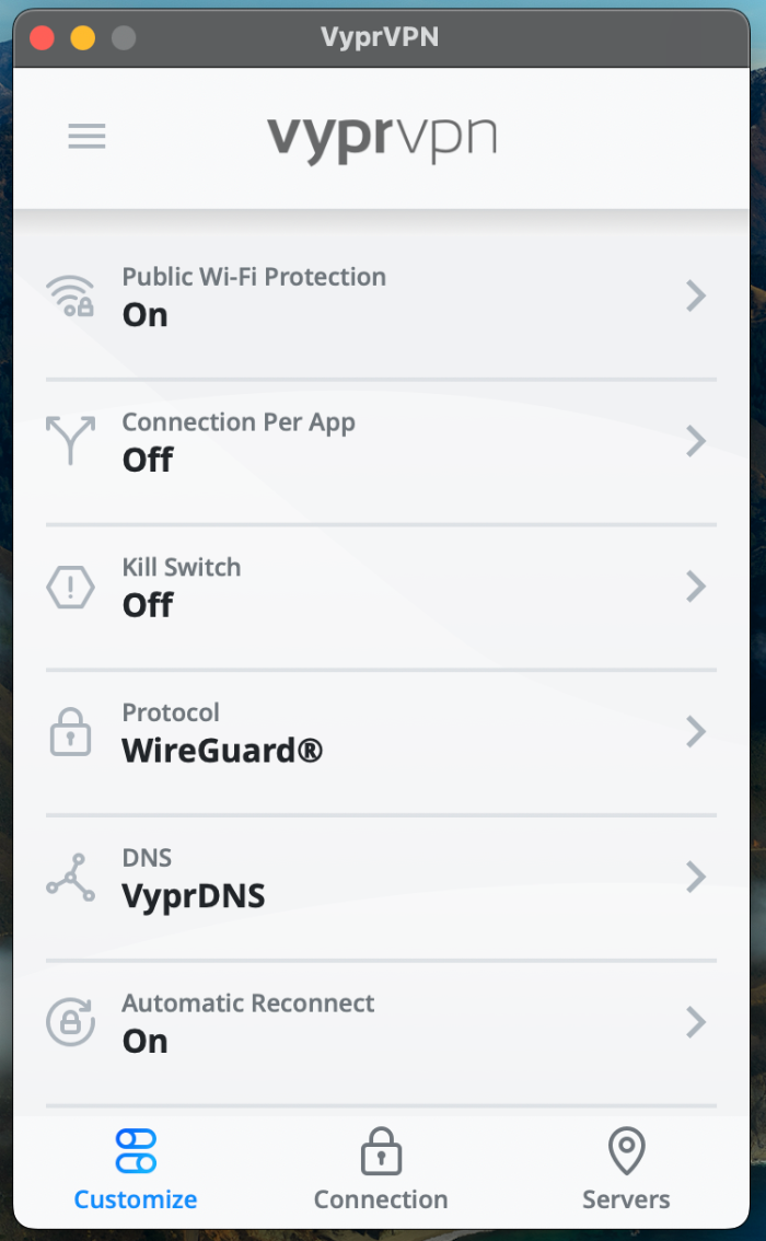 The VyprVPN app with a list of all its customizable features.