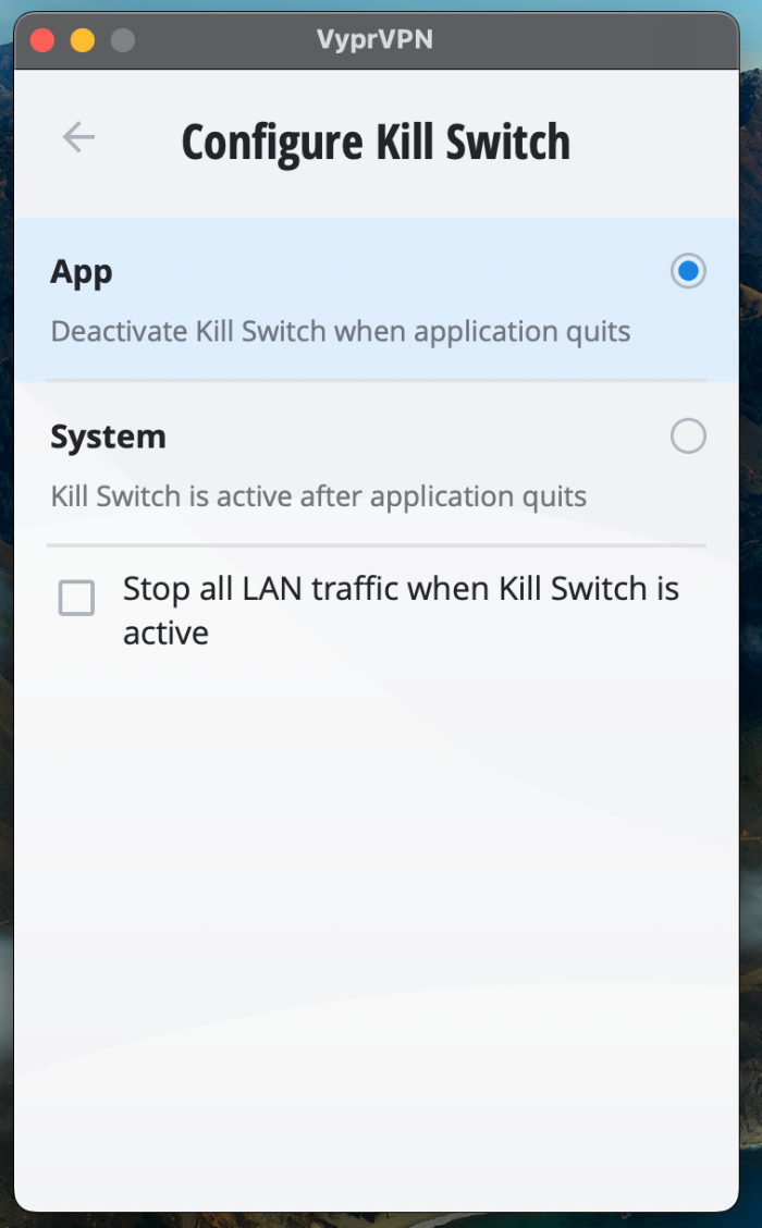 The VyprVPN app open on the Configure Kill Switch screen.