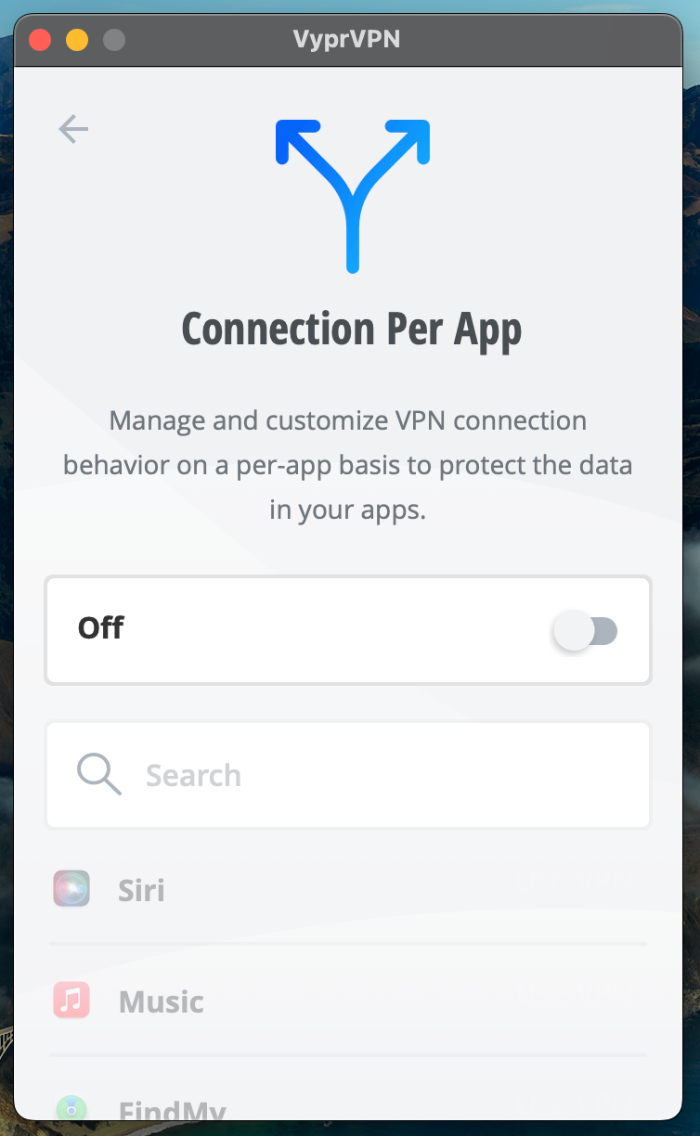 The VyprVPN app open on the Connection Per App screen.