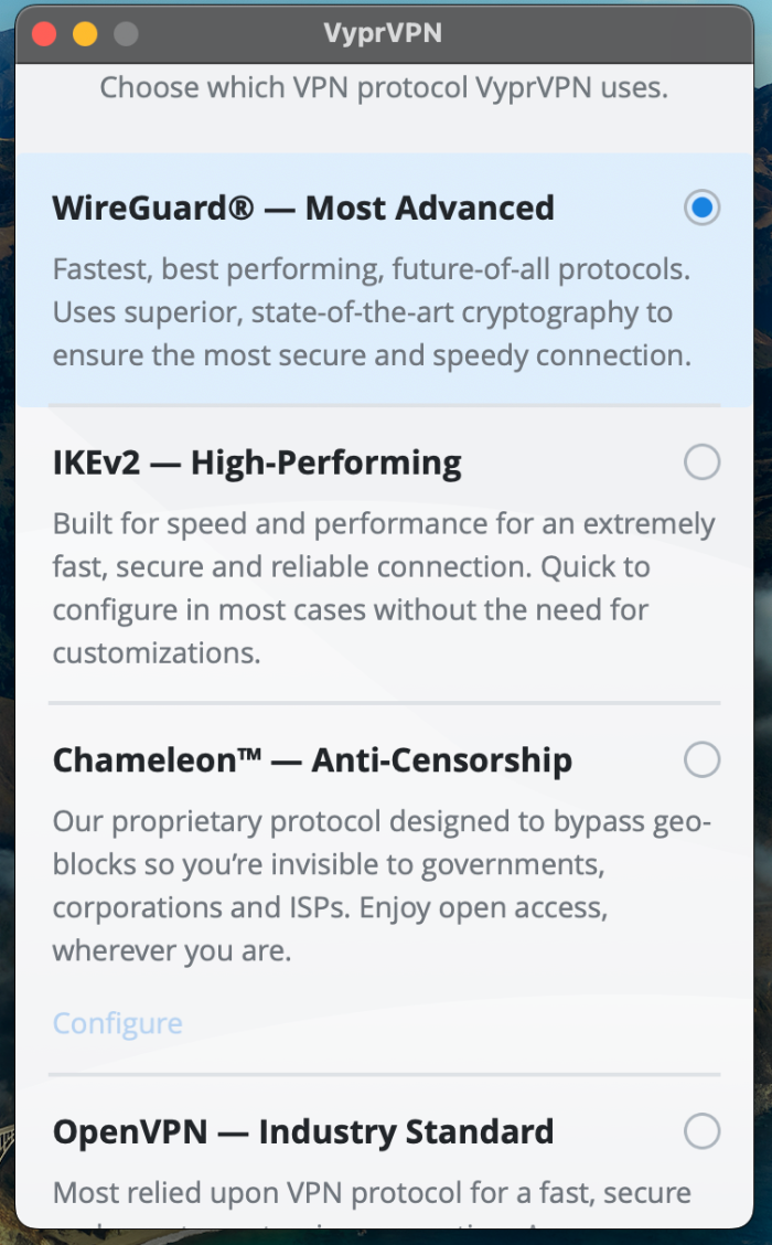 The VyprVPN app open on the page with all of its available VPN protocols.